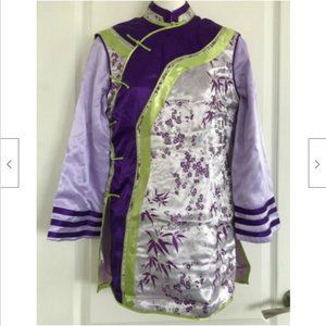 Cheongsam QiPao Long Sleeve Tunic Top Purple Green Bamboo Satin Brocade